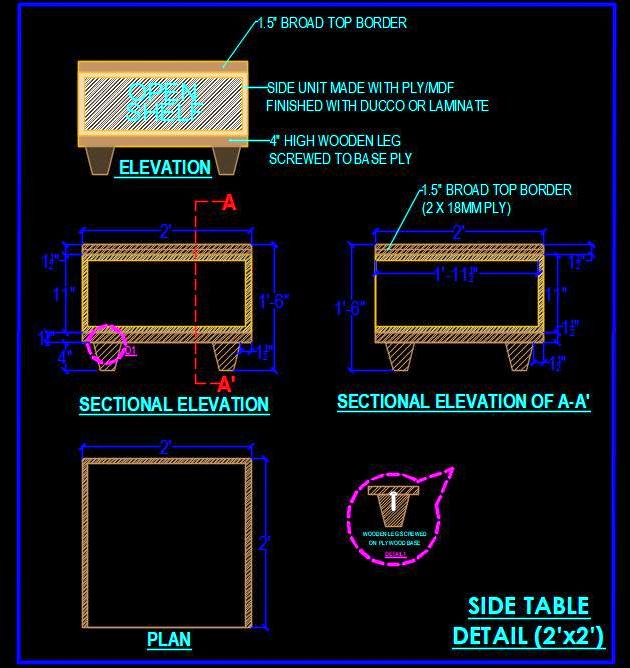 Side Table (2'x2') CAD Design - Free AutoCAD DWG